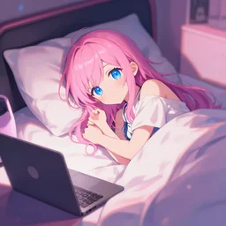 digital anime art!!, gamer girl bedroom sleeping desk, azure blue eyes, pink hair, wlop, rossdraws, artgerm, ross tran