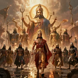 a beautiful cinematic dramatic scene from the epic colossal war of mahabharata, by marvel studios, octane render, rtx reflections, unreal engine 5, trending on artstation, masterpiece, featured on pixiv, cinematic composition, beautiful lighting, intricate, hyper details, no frames