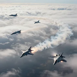 cinematic areal shot magnetic field blowing fighter jets in the clouds