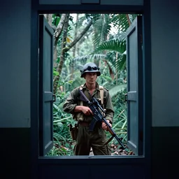film still, extreme far view, jason alexander, jungle, vietnam door gunner, apocalypse now, associated press, 2 6 mm, kodak ektachrome, blue tint expired film