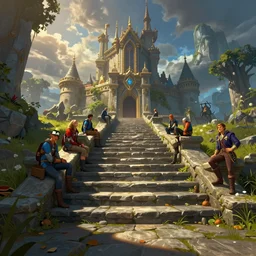 stone steps fantasy landscape artstation by emilia dziubak, will terry, greg olsen, chris mars, ann long, and mark brooks, edward hopper dramatic, fairytale,, architecture from warcraft, colorful clear sharp focus