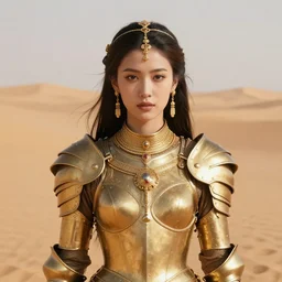 young dejah thoris on mars wearing detailed plate armor made of gold, portrait, extreme close - up, high noon, gold jewelry, elegant small tiara, giant sand dunes to the horizon, fantasy, fashion photo from the 9 0's