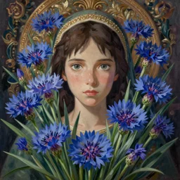 breathtaking detailed concept art painting of the goddess of cornflower flowers, orthodox saint, with anxious, piercing eyes, ornate background, amalgamation of leaves and flowers, by Hsiao-Ron Cheng, James jean, Miho Hirano, Hayao Miyazaki, extremely moody lighting, 8K
