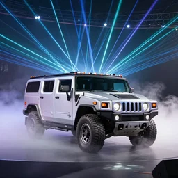 silver hummer truck on a stage : : surrounded by fog and a laser show.