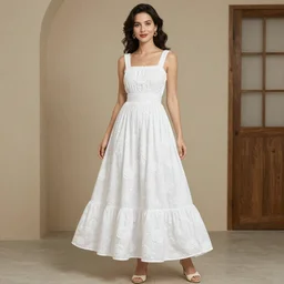 a wonderful lady with a white long roses cotton dress
