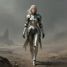 an illustration of the tau queen, walking through distant planes, pale hair, one eye, intricate details, detailed face, detailed armour, artstation, epic pose, view from distance, ambient light, by rembrandt