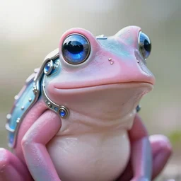 natural light, soft focus portrait of a cyberpunk anthropomorphic frog with soft synthetic pink skin, blue bioluminescent plastics, smooth shiny metal, elaborate ornate head piece, piercings, skin textures, by annie leibovitz, paul lehr