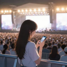 a lonely!! girl!! on her phone in the middle of the crowd at a huge concert