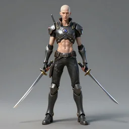 skinny muscular pale man wearing scifi armor wielding two samurai swords, star citizen, full body shot, concept art