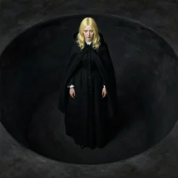 overhead shot by wes anderson beautiful pale golden woman traveler in cloak and black gown standing above an enormous black pit, by anders zorn, masterpiece by greg rutkowski, intricate, elegant, highly detailed, oil painting, concept art, smooth, sharp focus, illustration, eerie beautiful cinematic, thomas lawrence, gurney,
