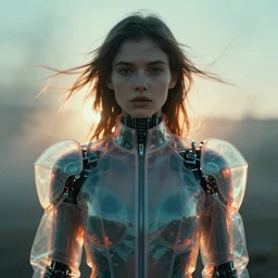 symmetry!!! closeup portrait of a cyborg transparent girl, fashion cyber jumpsuit with big shoulder pads, cinematic light, backlight, windy, teal orange, smoke trails, mist, by gerald brom, by mikhail vrubel, by peter elson, muted colors, extreme detail, trending on artstation, 8 k