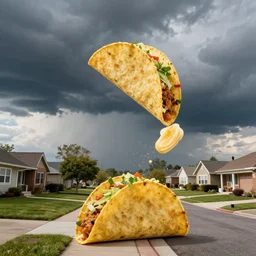 tacos falling from storm clouds, suburban neighborhood