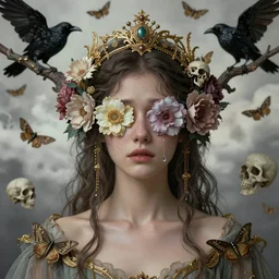 ornate, intricate, young, beautiful, woman, realistic portrait, sadness, tears, ethereal, flowers covering eyes, skulls, soft clean focus, gown, art by emil melmoth, gustave dore, craig mullins, yoji shinkawa, art germ, pete morbacher, david lynch, hyper detailed, high detail, artstation, hyperrealistic, unreal engine 5, ravens, branches, ghost, clouds, colors, moths, gold, morbid headpiece,