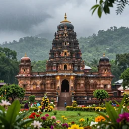 magnificent forts of indian temples surrounded by green jungles decorated in natural lights and colorful flowers with rain hyperrealistic, sense of depth, 8 k, photorealistic, incredible india