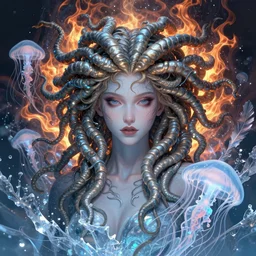portrait of medusa gorgon. intricate, centered, amazing composition by amano yoshitaka, by rembrandt, illustrious makinami, digital art, digital painting, artstation trending, unreal engine, fractal flame, transparent jellyfish, transparent feathers, bio luminescent, ice, water