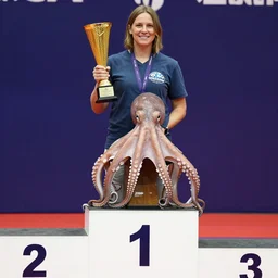 octopus wins first place in a pet show, octopus on a podium