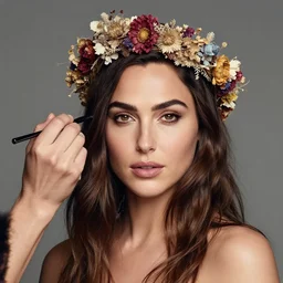 fine art photo of the beauty gal gadot, she has a crown of dried flowers done by oleg oprisco