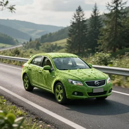 ”car made of peapod driving in a highway”