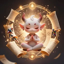 a tiny cute demon floating while meditating and wrapped in sacred scrolls, smooth, intricate, elegant, digital painting, artstation, power runes, pulsing energy, concept art, sharp focus, octane render, illustration, art by shintaro kago and philippe druillet, overwatch character,