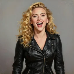 a very beautiful oil painting of scarlett johansson wearing a tight black leather jacket with curley long blond hair experiencing amusement joy and fun, very aesthetic and attractive, portrait, trending on artstation