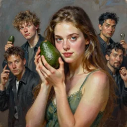 ennie award winner lauren walsh lovingly cradling an avacado, fullbody, ultra high detailed, oil painting, greg rutkowski, charlie bowater, yuumei, yanjun cheng, lauren walsh, unreal 5, daz, hyperrealistic, octane render, rpg portrait, dynamic lighting, fantasy art, beautiful face
