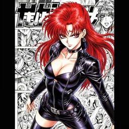 highly detailed professional late 2 0 0 0 s shonen manga cover art of goth woman with red hair, red eyes, leather clothes, black makeup. chunibyo. horror cyberpunk action manga cover promotional art. detailed and intricate environment. pencils by ilya kuvshinov and painted by zdzislaw beksinski, inked by tsutomu nihei