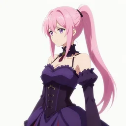 hd anime portrait of beautiful necromancer, gloomy purple dress, corset, face details, pink hair, ponytail, white skin, green eyes, posing, high fantasy, highly detailed, sharp focus, smooth, manga illustration, by rossdraws, artgerm, wlop