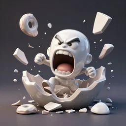 dissection of angry screaming ceramic exploding crash miniature toy resin Figure falling apart, c4d, 3d primitives, in a Studio hollow, surrounded by flying parts, explosion drawing, by pixar, beeple, by jeff koons, blender donut tutorial, by noah bradley