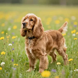 Cocker spaniel in a field full of flowers, realistic photo, trend in artstation