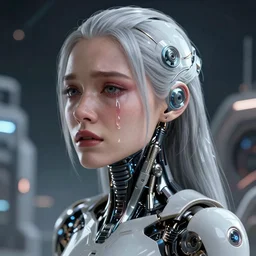 beautiful crying! female android!, intricate detailed environment, photorealistic!, octane render, concept art, cinematic, interstellar, ultra detailed, sharp, cyberpunk, bladerunner 2 0 4 7, 8 k, el dia los muertos, by angus mckie, moebius!, maciej kuciara, stanley lau, artgerm, greg rutkowski