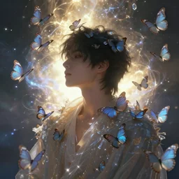 man surrounded by butterflies, celestial light, divine