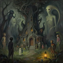 a strange, foreboding dreamscape | | strange beings | | strange dwellings | | lanterns | | organic painting by max masnyy, jakub gazmercik, beeple, patrick faulwetter, heavenlydaemonic, and mc escher, surrealism, trending on artstation