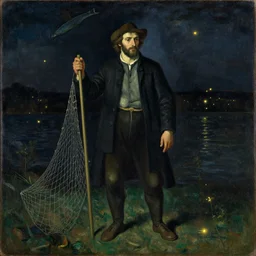 painting by mikalojus konstantinas ciurlionis, bosch. portrait of fisherman with net at night with fireflies