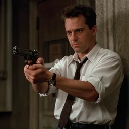 still of tommy wiseau as vincent vega holding a gun in pulp fiction ( 1 9 9 4 ), 4 k, cinematic, film footage, screencap, by quentin tarantino