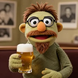 a thin muppet that has a long brown goatee and handlebar mustache, the muppet wears glasses and has short brown hair, holding a beer, photograph