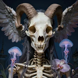 hyperrealism, night background, super zoom, goddess close - up portrait real human skeleton ram skull jellyfish!! phoenix crow wings! giant orchid!! artwork by tooth wu and wlop. octane render, trending on artstation, greg rutkowski cinematic, hyper realism, high detail, octane render, 8 k