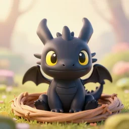 a portrait of a cute happy tiny black chibi dragon in a nest, yellow eyes, artstation, depth of field, beautiful lighting, pastel colors, bokeh