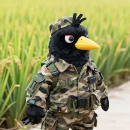 Big bird wearing camo fatigues. In the background is  a vietnamese rice patty on fire. award-winning on artstation, Highly detailed.