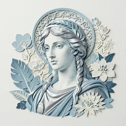 woman portrait, goddess of greek mythology, orthodox saint, amalgamation of leaves and flowers. balenciaga, intricate complexity. matte paper, cut paper texture. by Jeffrey Catherine Jones, James jean, Miho Hirano, Hayao Miyazaki, coarse gritby. Full of light-blue and silver and white layers. Exquisite detail 8K