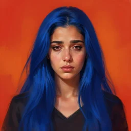 portait of haifa wehbe, sadness look, long hair blue centred, hd, digital painting, unreal engine, final fantasy style, amazing red orange background theme