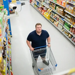 obese man in walmart, high angle security camera,