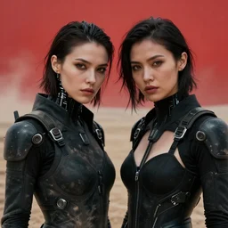 cinestill 5 0 d photographic portrait of two intimate female androids wearing rugged black sexy techwear on a desolate plain with a red sky, extreme closeup, modern cyberpunk, dust storm, 8 k, hd, high resolution, 3 5 mm, f / 3 2, ultra realistic faces, ex machina, blade runner