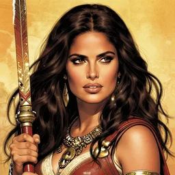 a portrait of Salma Hayek as a barbarian warrior intricate details by MARVEL comics and Sandra Chevrier