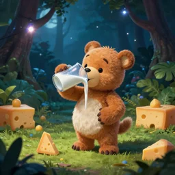 noddy drinking milk in a jungle full of cheese at midnight with disco lights