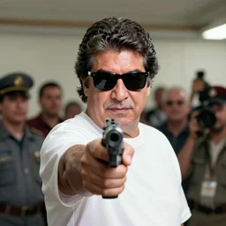 a still of hugo chavez as neo from the matrix, wearing black sunglasses and pointing a gun to the camera. centred. extremely detailed. beautiful. 4 k. award winning.