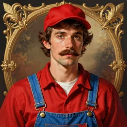 a portrait of a man with a mustache wearing a red shirt, blue overalls, and a red cap, art by james jean, digital illustration, ornate details,