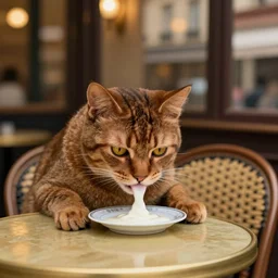 brown cat with yellow eyes is sitting at table in a cafe at paris in early 2 0 th century. it is licking milk from little saucer, atmospheric feeling, warm colours, brown colours, yellow colours, epic scene, cinematic, very detailed