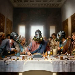 the last supper in gas masks, hyperrealistic, volumetric golden dappled dynamic lighting, highly detailed, sharp focus, elegant, by javi f. flores on arstation