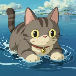 illustration of one giant cat in the middle of the sea by miyazaki, hiroyuki kato, keisuke goto, highly detailed