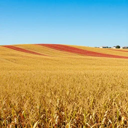 An uncanny valley of infinite field of yellow and red corn, little corn fields hills, blue sky, no clouds, and little modern houses.